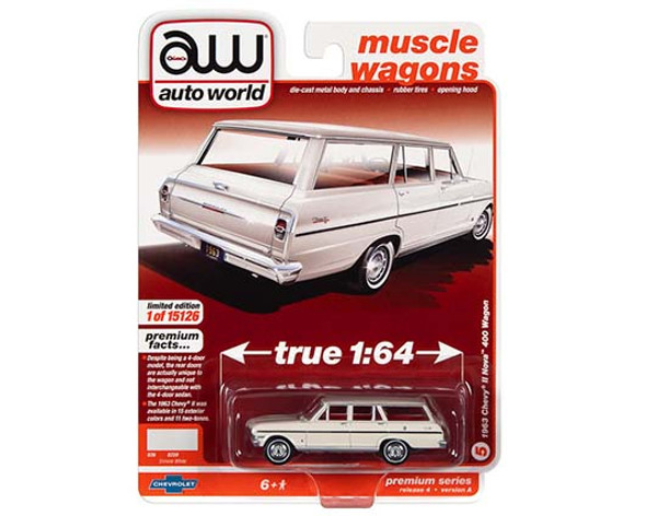 1963 Chevrolet II Nova 400 Wagon Ermine White with Red Interior "Muscle Wagons" 1/64  Autoworld Toys