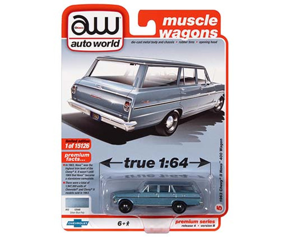 1963 Chevrolet II Nova 400 Wagon Blue "Muscle Wagons"  1/64  Autoworld Toys