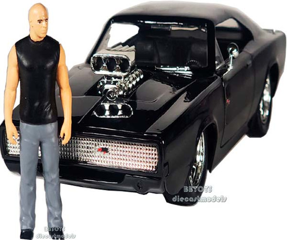 Dodge Charger R/T Black with Dom Diecast Figurine "Fast & Furious" 1/24  Model Car by Jada Toys