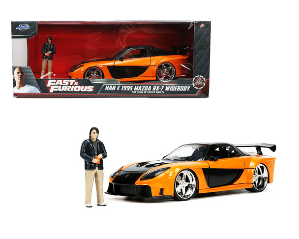 1995 Mazda RX-7 Widebody RHD "Right Hand Drive" Orange Metallic and Black with Han Diecast Figurine "The Fast and the Furious Movie 1/24 Diecast Model Car by Jada