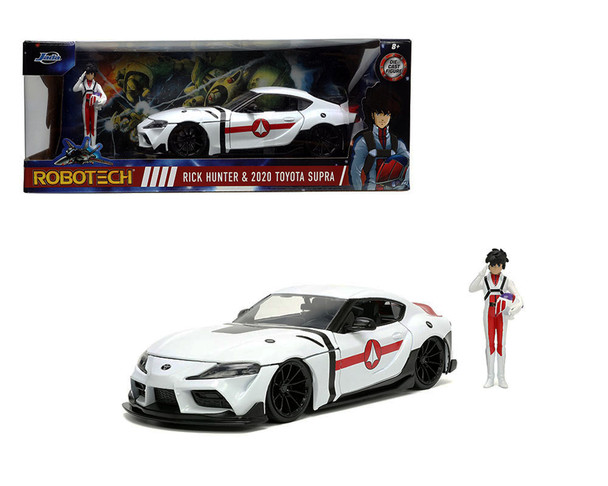 2020 Toyota Supra White stripes Black and Red with Robotech Rick Hunter  Diecast Figurine TV Series "Hollywood Rides" 1/24  Diecast Model Car by Jada