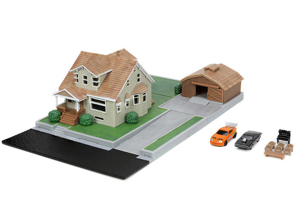 Toretto House Diorama with Dodge Charger Black and Toyota Supra Orange with Graphics "Fast and Furious Series" Models by Jada