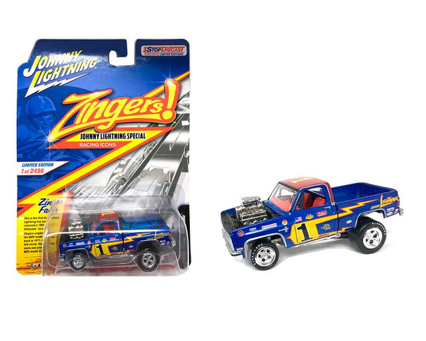 1981 Chevrolet Silverado  Pickup Truck Blue Metallic with Stripe Yellow "# 1 " "Zingers!" Series Limited Edition to 4800 pieces Worldwide 1/64 Diecast Model Car by Johnny Lightning