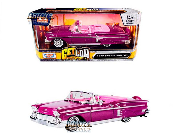 1958 Chevrolet Impala Convertible Lowrider Purple Get Low Collection 1/24 Diecast Model car By Motormax