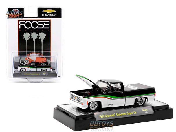 1973 Chevrolet Cheyenne Super 10 Pickup Truck Black and White with Stripes "Foose" 1/64 Diecast Model Car by M2 Machines