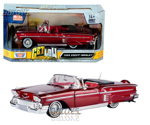 1958 Chevrolet Impala Convertible Lowrider Dark Red Metallic with Red Interior "Get Low" Series 1/24 Diecast Model Car by Motormax