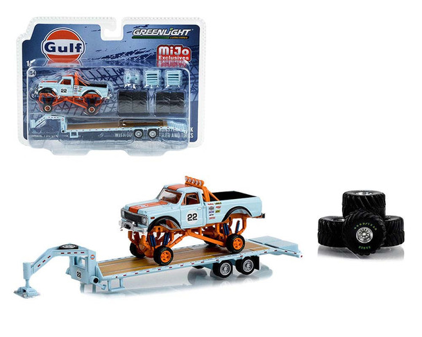 1972 Chevrolet K-10 Monster Truck With Gooseneck Trailer & Tires Gulf Racing  imited Edition to 2500 pieces Worldwide 1/64 Diecast Model Car by Greenlight