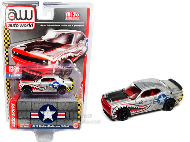 2019 Dodge Challenger Hellcat Shark Teeth Silver with graphics Limited Edition to 1879 pieces Worldwide 1/64 Diecast Model Car by Auto World