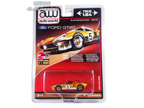 1966 Ford GT40 RHD (Right Hand Drive) #5 Gold with Graphics Limited Edition to 3000 pieces Worldwide 1/64 Diecast Model Car by Auto World