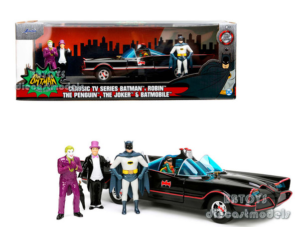 1966 Classic Batmobile with Diecast Batman, The Joker, The Penguin and Plastic Robin Sitting Inside The Car Batman TV Series (1966) Hollywood Rides Series 1/24 Diecast Model Car by Jada