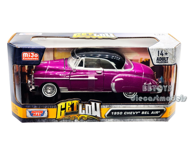 1950 Chevrolet Bel Air Lowrider Purple With Black Top  "Get Low" Series 1/24 Diecast Model Car by Motormax