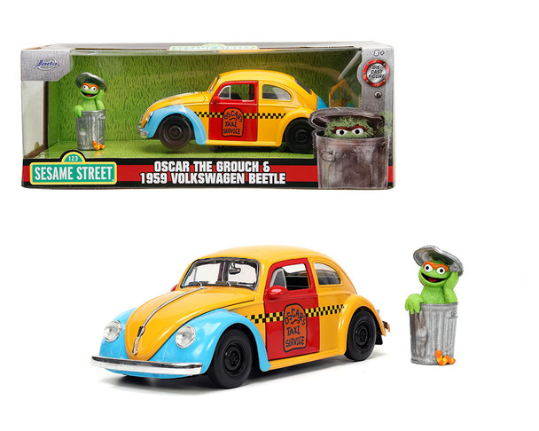 1959 Volkswagen Beetle Oscar Taxi Service  "Sesame Street" and Diecast Figure  Oscar The Grouch "Hollywood Rides" Series 1/24 Diecast Model Car by Jada