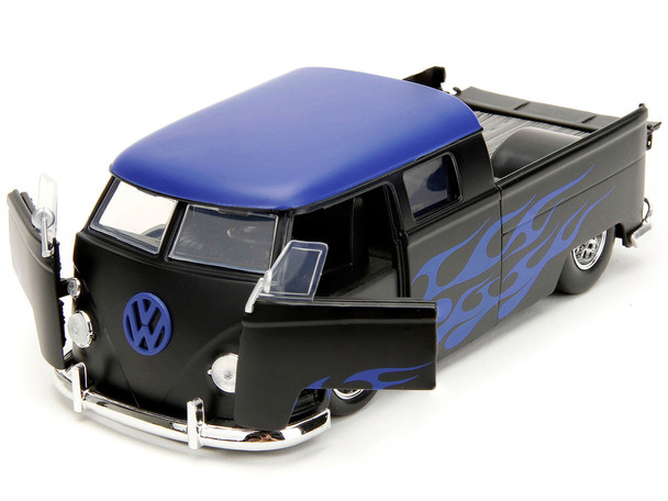 1963 Volkswagen Bus Pickup Truck Matt Black with Matt Blue Top and Flames Graphics "Punch Buggy" Series 1/24 Diecast Model Car by Jada