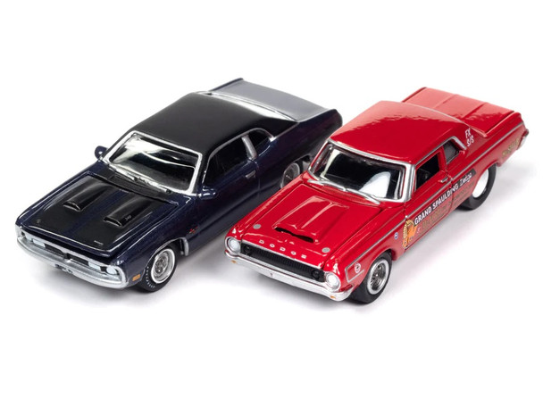 1964 Dodge 330 Grand Spaulding Red 1971 Dodge Demon GSS Purple "Release 3 Mr.Norms" Set of 2 Cars Limited Edition to 2004 pieces Worldwide 1/64 Diecast Model Cars by Johnny Lightning