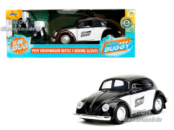 1959 Volkswagen Beetle "Punch Buggy Black" and White and Boxing Gloves Accessory "Punch Buggy" Series 1/32 Diecast Model Car by Jada