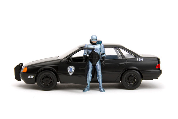 Ford Taurus OCP Matt Black "Detroit Police" and Robocop Diecast Figure 35th Anniversary "Robocop" (1987) Movie "Hollywood Rides" Series 1/24 Diecast Model Car by Jada