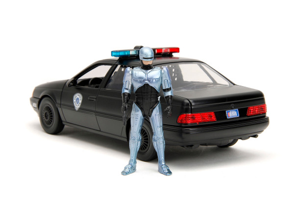 Ford Taurus OCP Matt Black "Detroit Police" and Robocop Diecast Figure 35th Anniversary "Robocop" (1987) Movie "Hollywood Rides" Series 1/24 Diecast Model Car by Jada