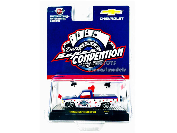 1992 Chevrolet C1500 SS 454 White with Graphics Blue top "Diecast Super Convention" (2023) 1/64 Diecast Model Car by M2 Machines