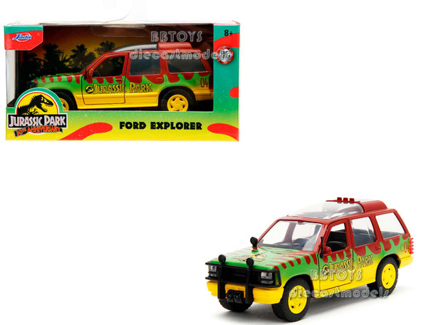 Ford Explorer Red and Yellow with Green Graphics "Jurassic Park" (1993) Movie 30th Anniversary "Hollywood Rides" Series 1/32 Diecast Model Car by Jada