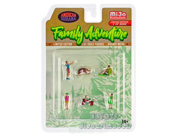 Family Adventure 6 piece Diecast Figure Set (4 Figures, 1 Dog, 1 Tricycle) 1/64 Scale Models by American Diorama