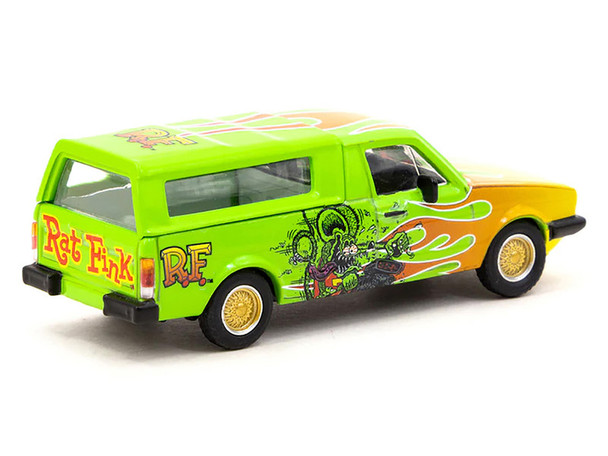 Volkswagen Caddy Pickup Truck with Camper Shell Green with Flames and Graphics "Rat Fink" "Collab64" Series 1/64 Diecast Model Car by Schuco & Tarmac Works