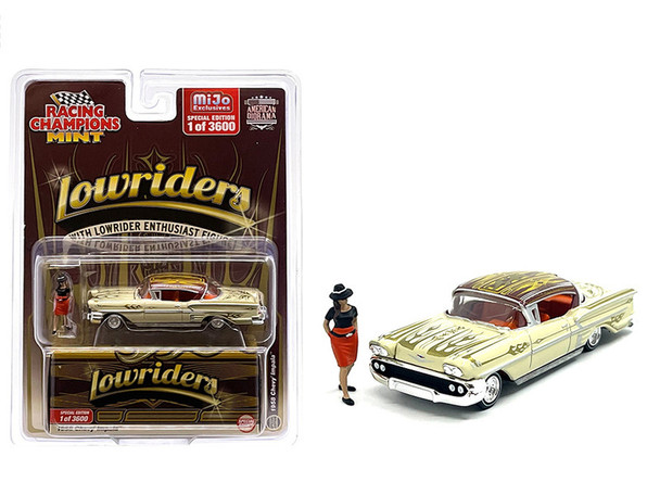 1958 Chevrolet Impala Lowrider Beige with Graphics and Orange Interior with Diecast Figure 1/64 Diecast Model Car by Racing Champions