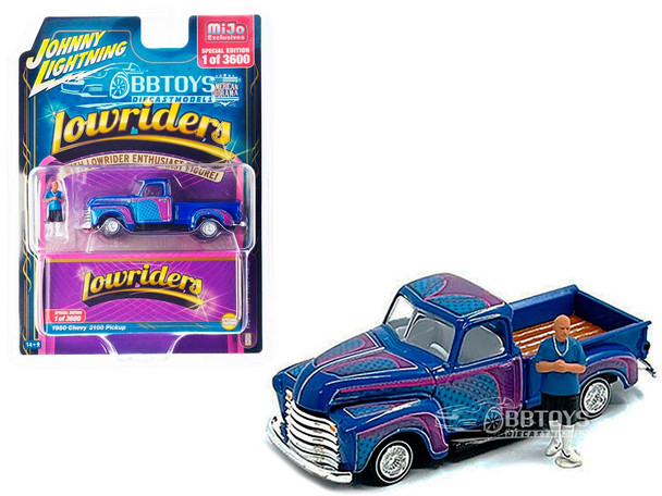 1950 Chevrolet 3100 Pickup Truck Lowrider Blue with Graphics and Diecast Figure 1/64 Diecast Model Car by Johnny Lightning