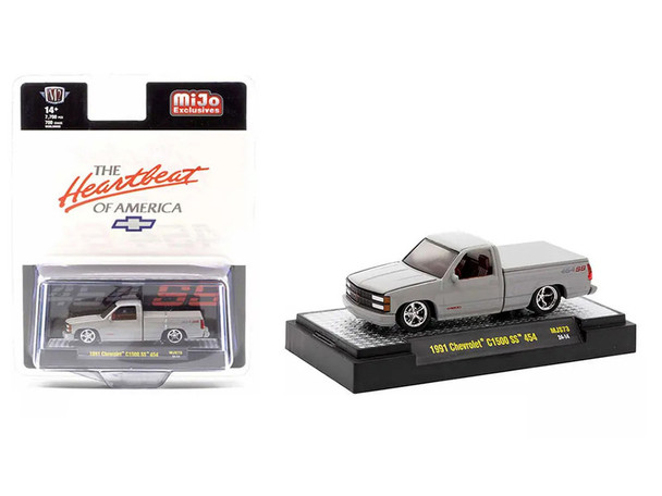 1991 Chevrolet C1500 SS 454 Pickup Truck Silver Metallic with Red Interior "The Heartbeat of America" 1/64 Diecast Model Car by M2 Machines