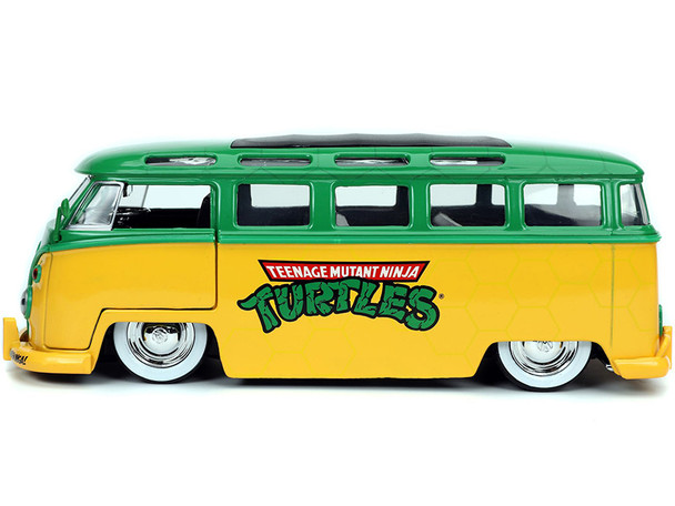 1962 Volkswagen Bus Yellow and Green with Leonardo Diecast Figurine "Teenage Mutant Ninja Turtles" TV Series 1/24  Model Car by Jada Toys
