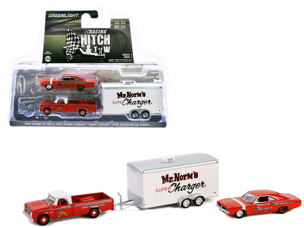 1966 Dodge D-100 Pickup Truck Red with White Top and 1969 Dodge Super Charger Red with White Stripe with Enclosed Car Hauler "Mr. Norm’s Super Charger" "Racing Hitch & Tow" Series 5 1/64 Diecast Model Car by Greenlight
