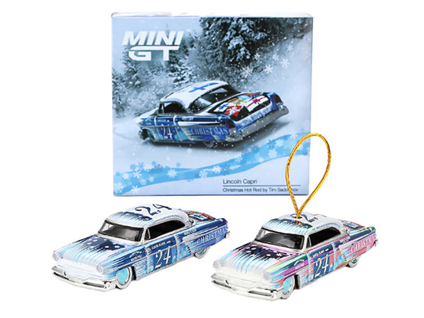 1954 Lincoln Capri "Christmas Hot Rod 2024 Edition by Tim Sadchikov" #24 Blue Metallic with Christmas Graphics and Lincoln Capri Tree Ornament 1/64 Diecast Model Car by Mini GT