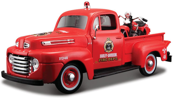 1948 Ford F-1 Pickup Truck "Harley Davidson" Fire Truck and 1936 El Knucklehead Motorcycle 1/24 Diecast Models by Maisto