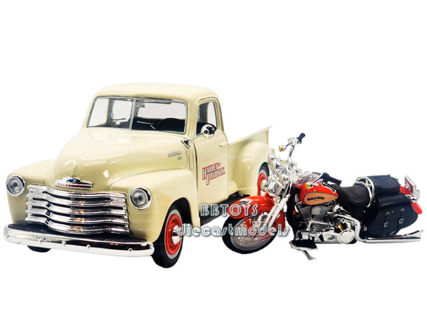 1950 Chevrolet 3100 Pickup Truck Cream "Harley Davidson" 1/25 and 2001 FLSTS Heritage Springer Motorcycle Orange 1/24 Diecast Models by Maisto