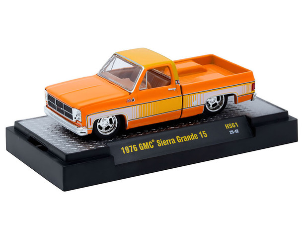 1976 GMC Sierra Grande 15 Pickup Truck Orange and white with Orange Interior 1/64 Diecast Model Car by M2 Machines