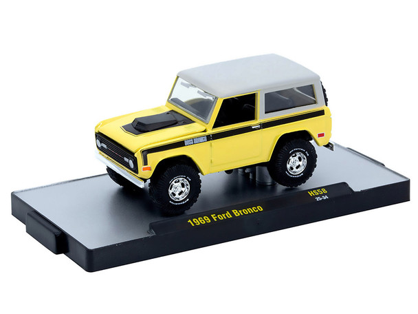 1969 Ford Bronco Yellow with Black Stripes and Gray Top 1/64 Diecast Model Car by M2 Machines