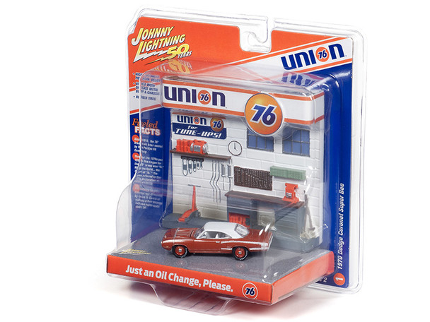 1970 Dodge Coronet Super Bee Brown with White Top and "Union 76" Interior Service Gas Station Facade Diorama Set " 1/64 Diecast Model Car by Johnny Lightning