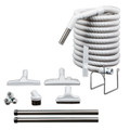 Hose package includes: 30ft hose, bare floor brush, combination tool, 2pc metal wand, crevice tool, dusting brush, upholstery tool, tool caddy, hose rack.