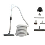 Hose package includes: 30ft hose with on/off control, wand, barefloor brush, crevice tool, dusting brush, upholstery tool, tool caddy, and hose rack