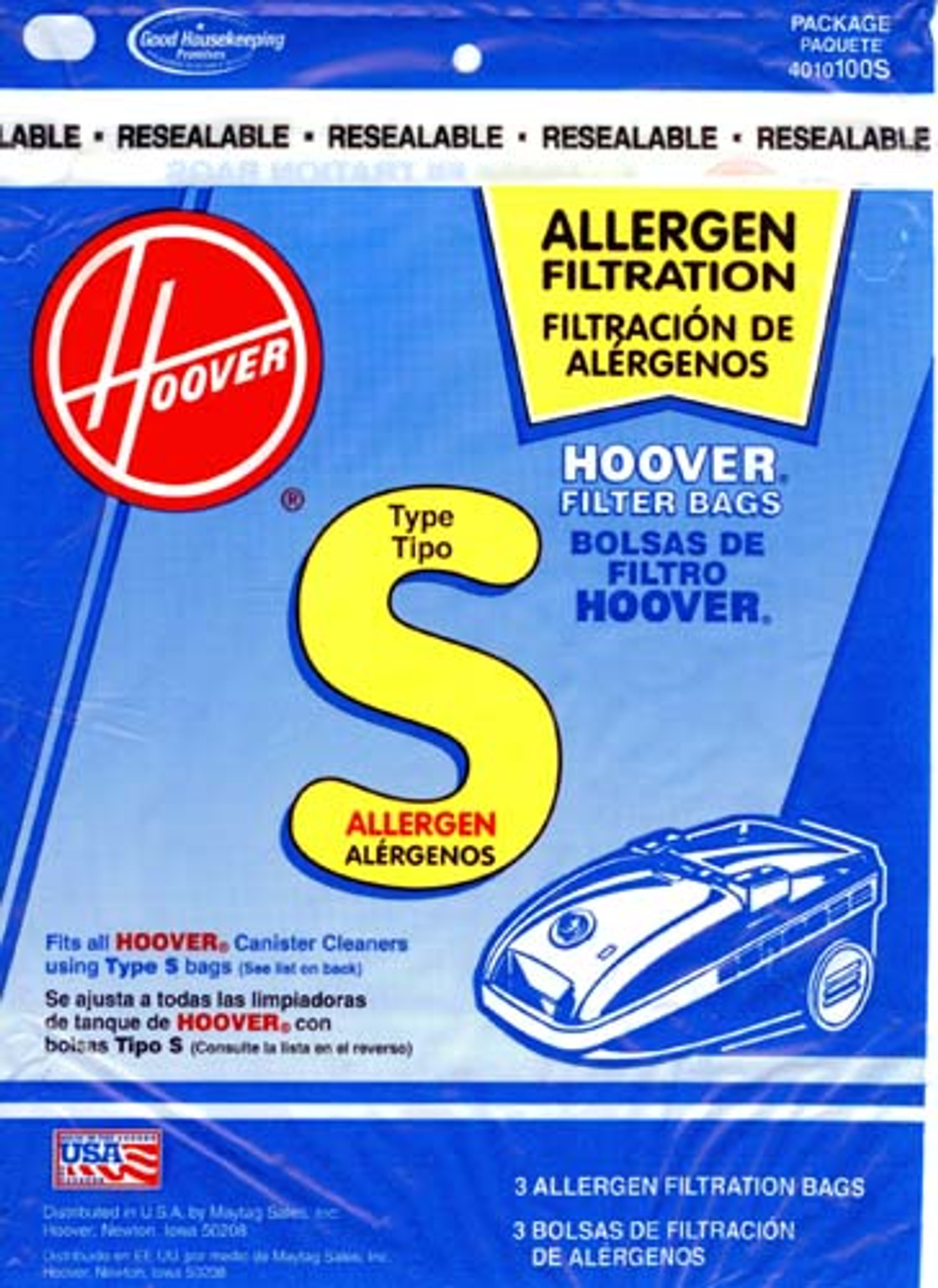 Hoover 401010SR Allergen Filtration Vacuum Cleaner Bags 3/pk 