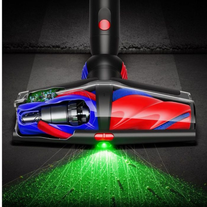 Laser lights up the floor surface making the smallest dirt and dust particles more visible. 