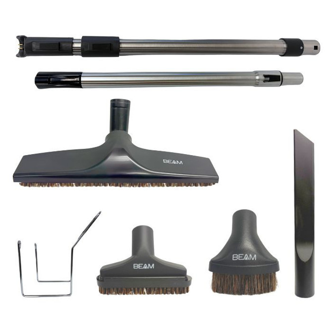 SEBO ET-1 Kit includes: electric power head, dedicated powerhead wand, 12" bare floor brush, dedicated telescopic wand for floor brush, 30' hose, hose hanger, crevice tool, dusting brush, upholstery tool, tool caddy