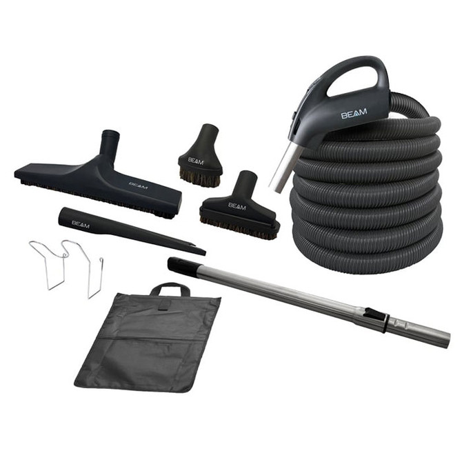Kit includes vacuum hose, bare floor brush, soft dusting brush, upholstery tool, crevice tool, telescoping wand, hose rack and attachment storage bag. 