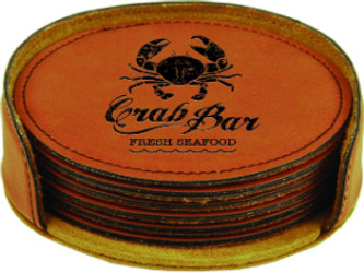 Custom Leatherette Coaster set in Rawhide with a seafood restaurant logo.