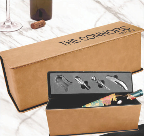 Personalized Leatherette Wine Box Showing Personalization and Inside View