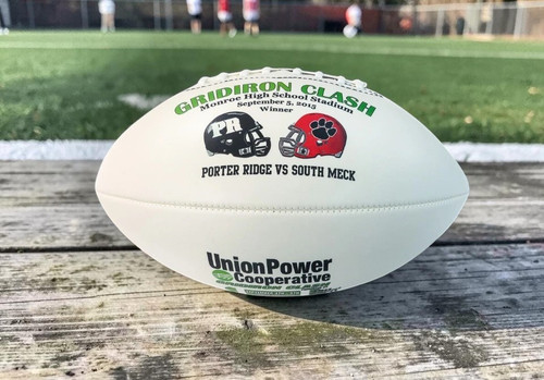 Photo of a custom football printed by us for the GridIron Clash at Monroe high school in September 5, 2015