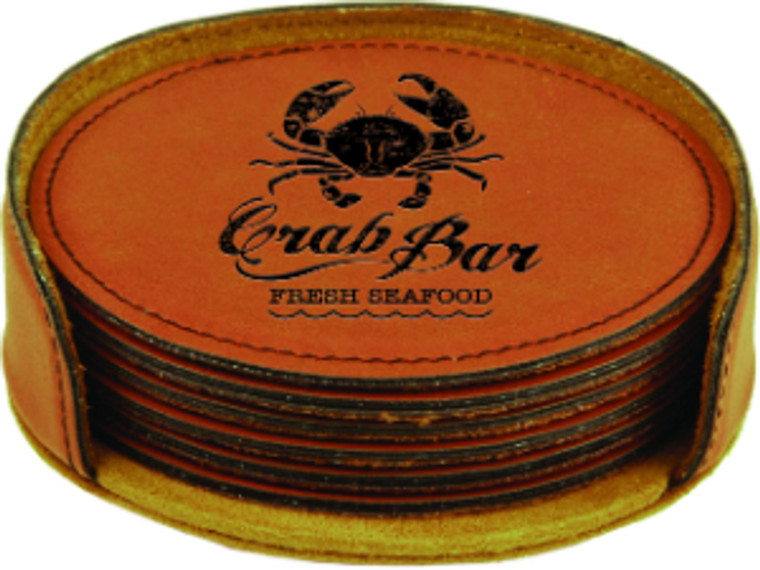 Custom Leatherette Coaster set in Rawhide with a seafood restaurant logo.