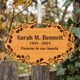 Engraved Wood Memorial Ornament with Sarah Bennett and the date