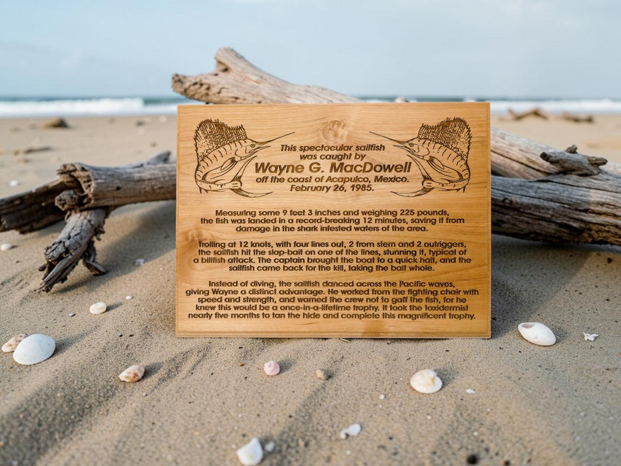 Custom Trophy Fish story Plaque.  Commemorate your great fishing store and hang this plaque below your trophy fish! Deeply Engraved and easy to read from a distance!