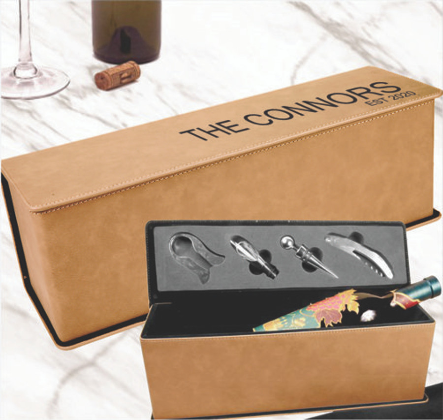 Personalized Leatherette Wine Box Showing Personalization and Inside View Personalized Leatherette Wine Box Showing Personalization and Inside View