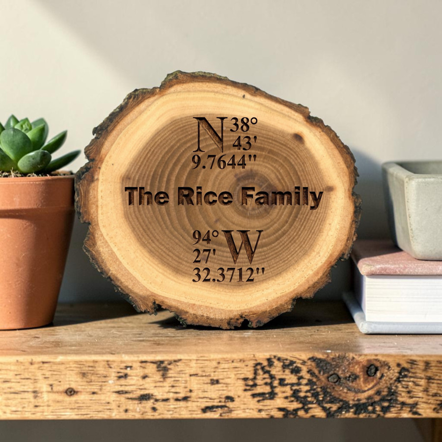 Family Home Coordinates Live Edge Log Plaque